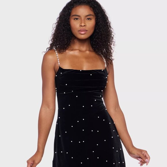 B Darlin Juniors' Faux Pearl Velvet Fit & Flare Dress Black/White/Pearl Size XS - Picture 1 of 5